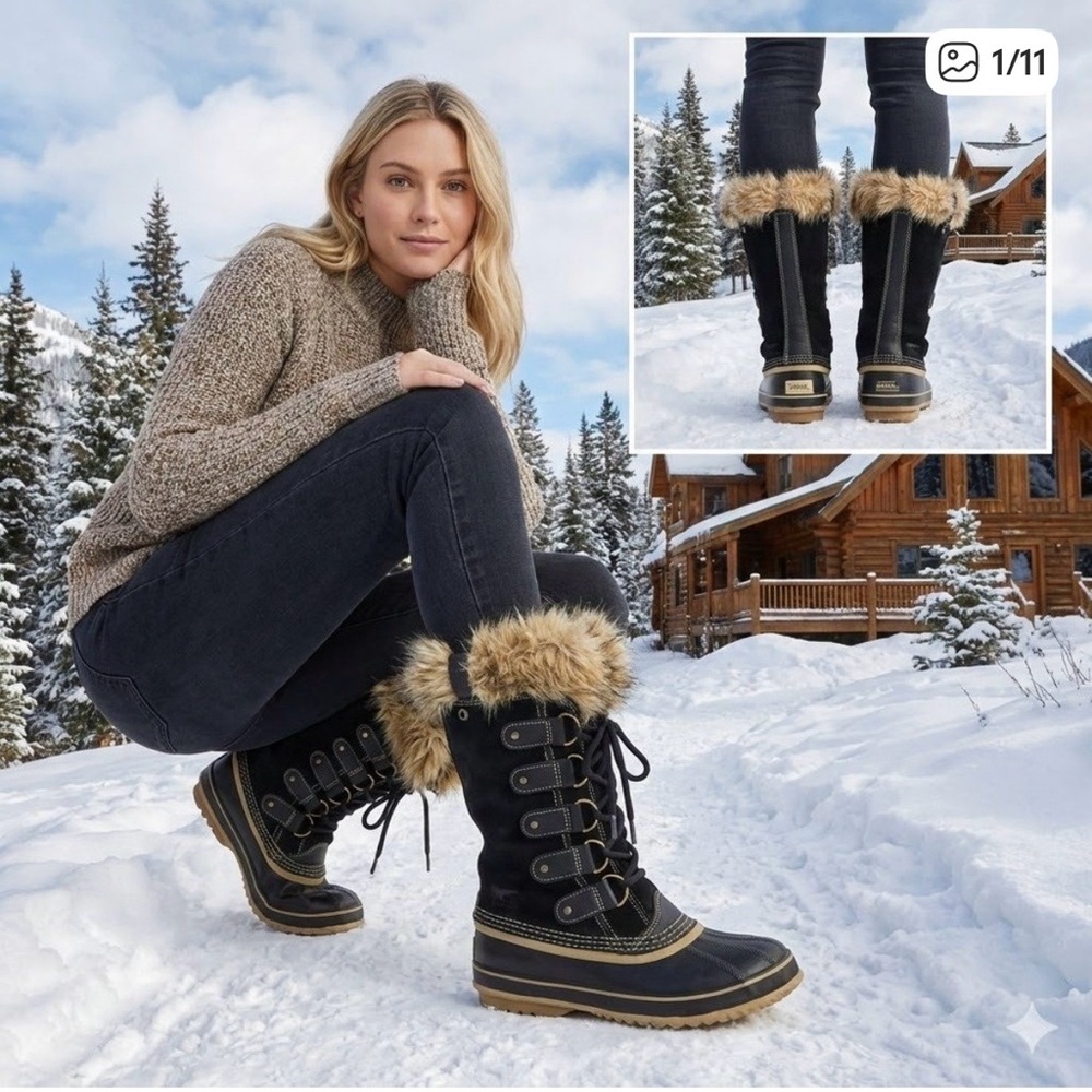 Sorel Black and Tan Fur-Trimmed Waterproof Joan of Arctic Boots